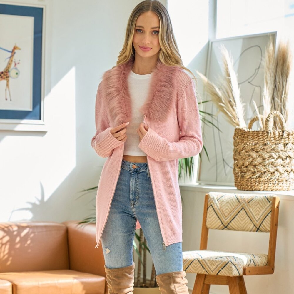 NEW ON BLUE SWEATER CARDIGAN blazer coat XS-LG PINK WHITE FUR collar zippered